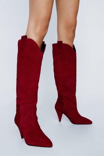 Premium Suede Knee High Cowboy Boots red