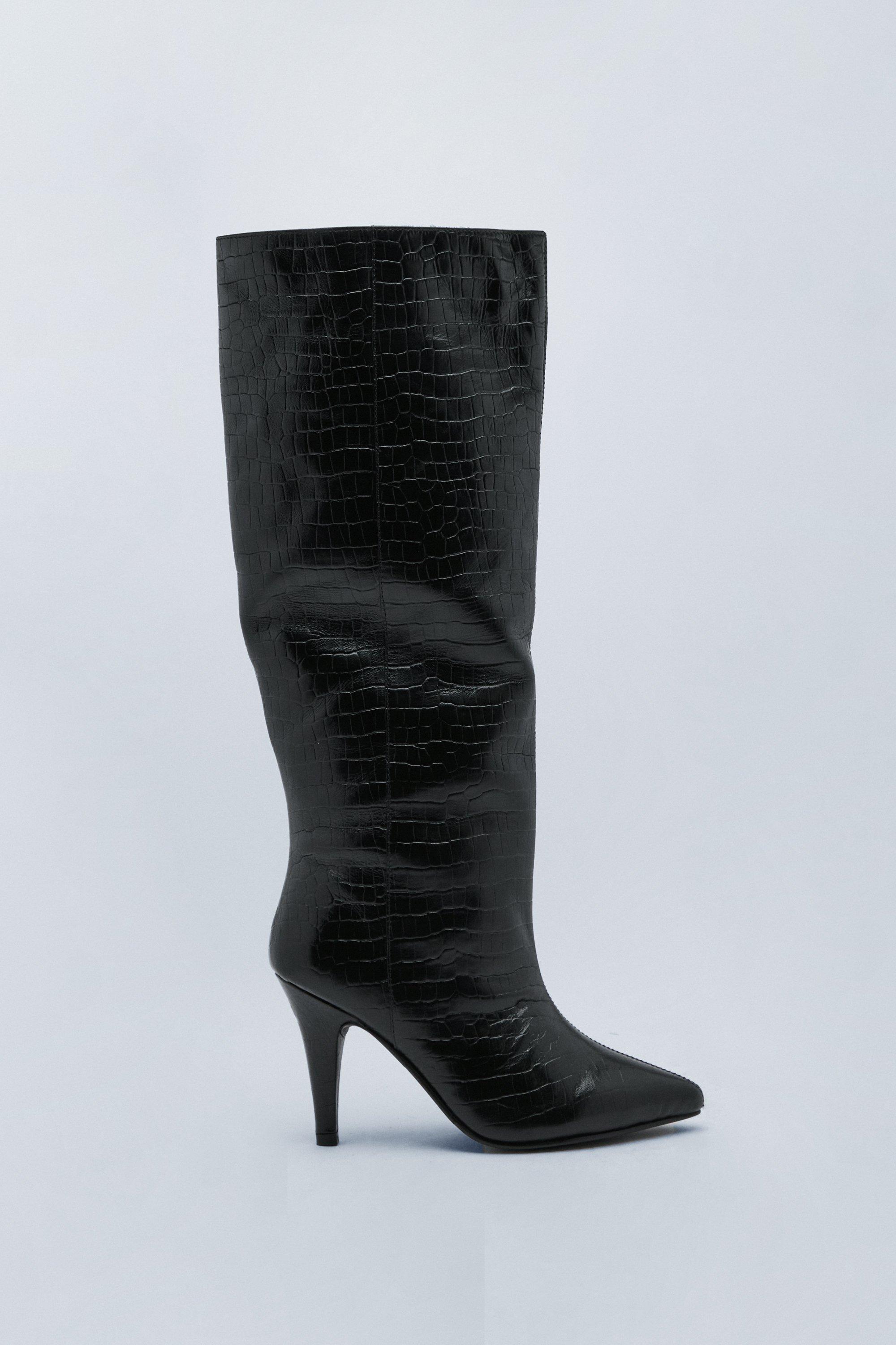 Crocodile print knee high boots hot sale