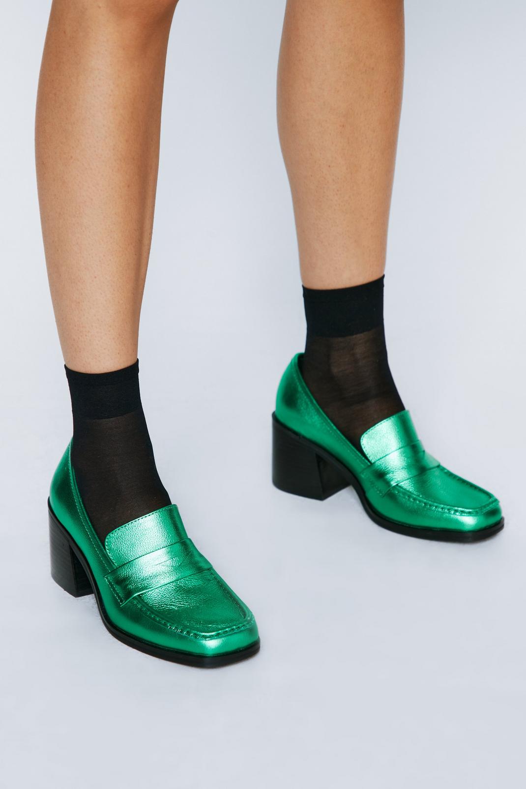 Green Premium Leather Metallic Heeled Loafers image number 1