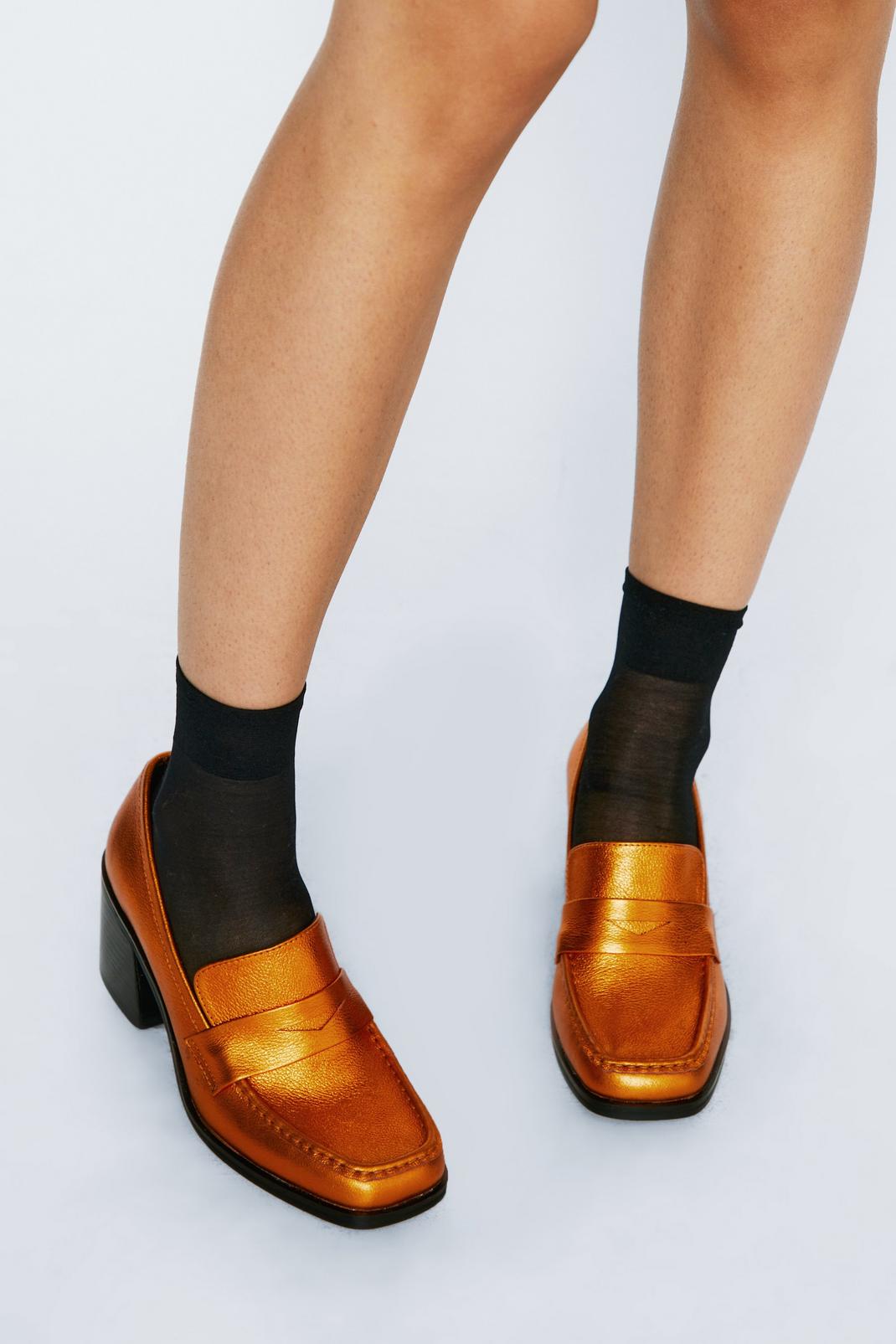 Orange Premium Leather Metallic Heeled Loafers image number 1