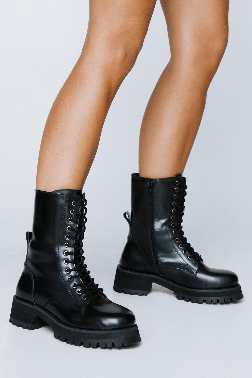Black Premium Leather Chunky Biker Boots image number 1