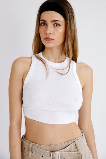 White Ribbed Racer Tank Top