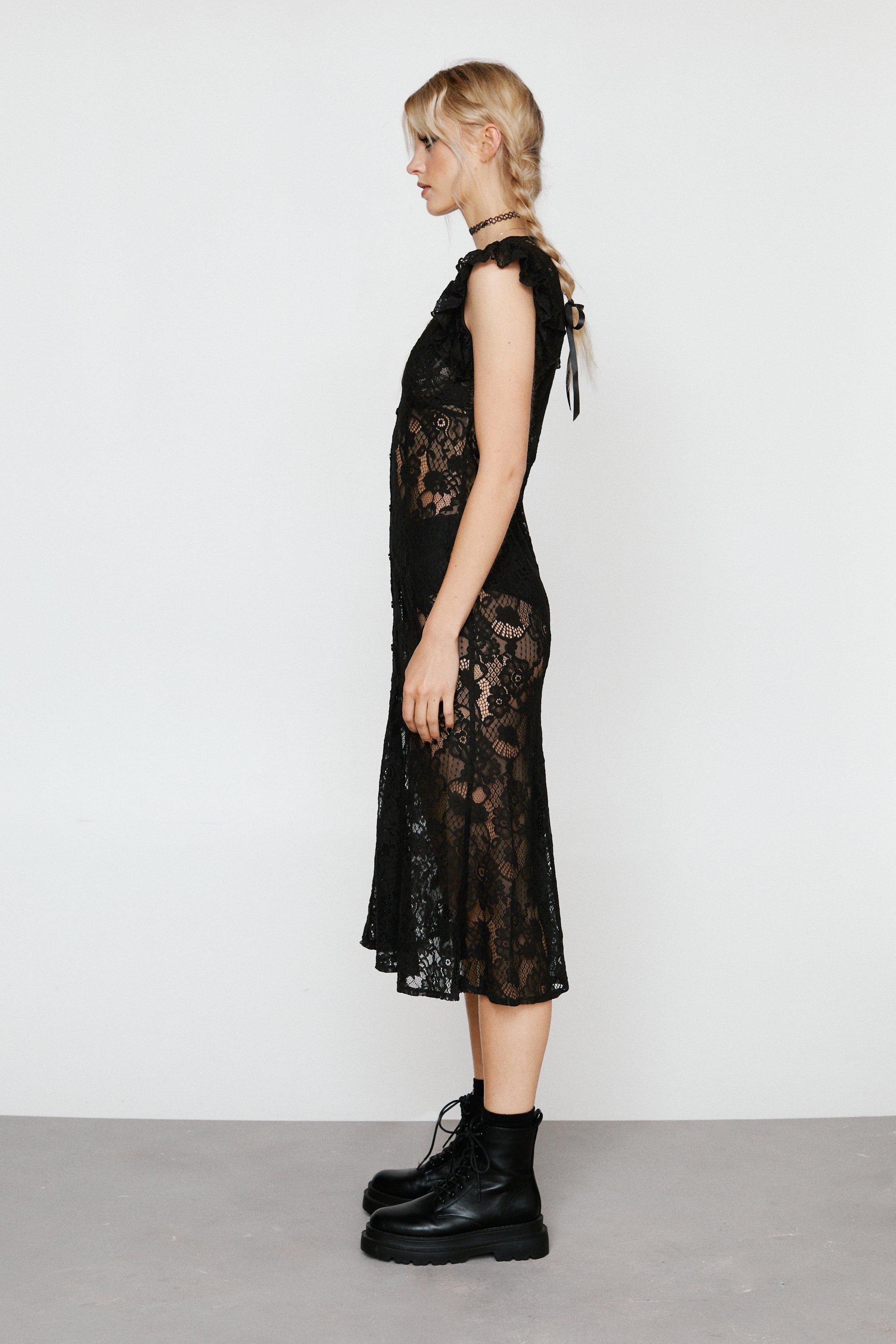 Sheer Lace Button Down Midi Dress