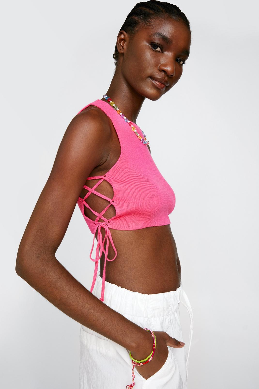 Pink Tie Side Knitted Crop Top image number 1