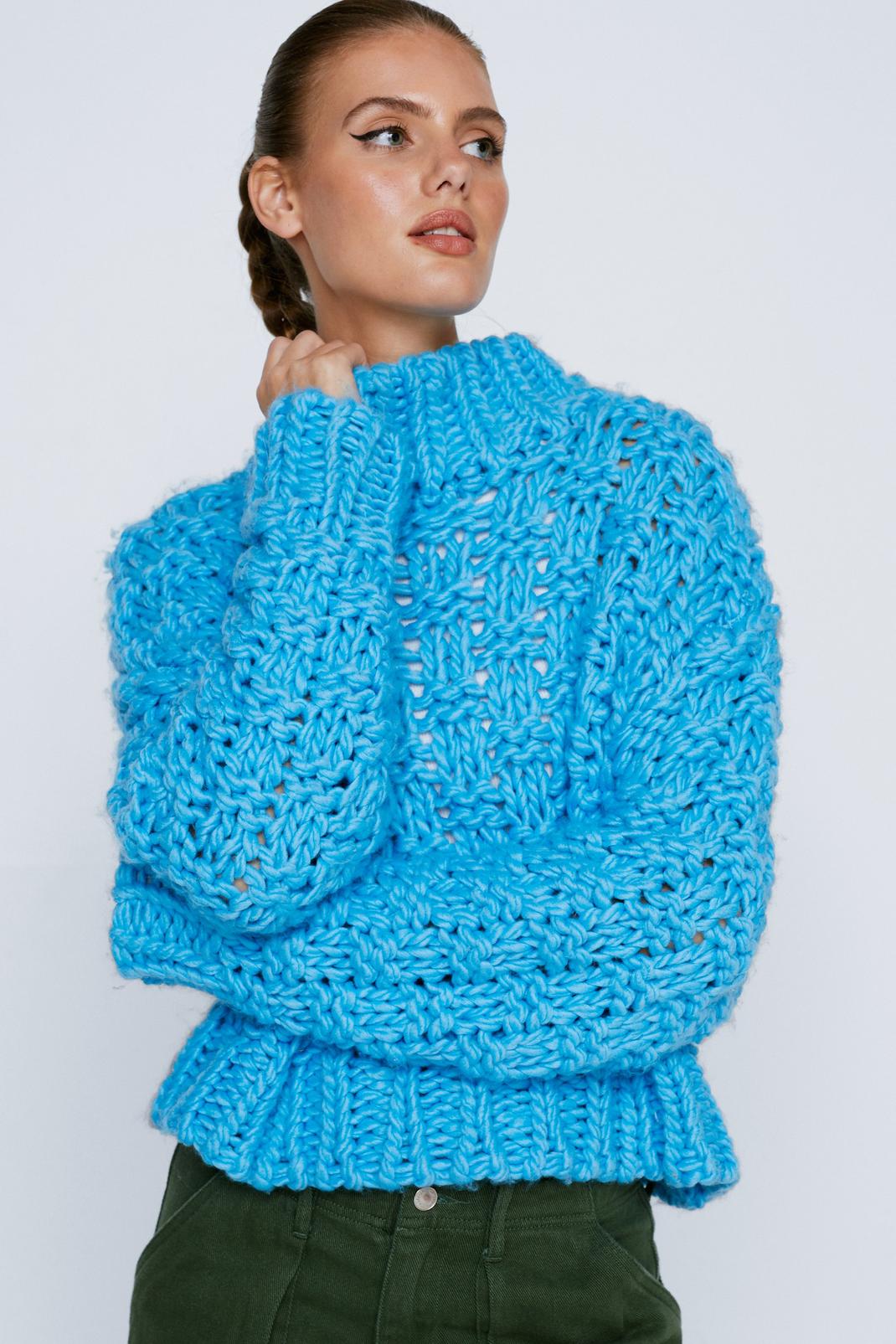 Blue Premium Cable Weave Stitch High Neck Sweater image number 1