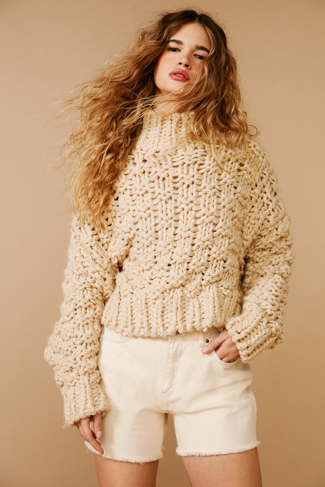 Oatmeal Premium Cable Weave Stitch High Neck Sweater image number 1