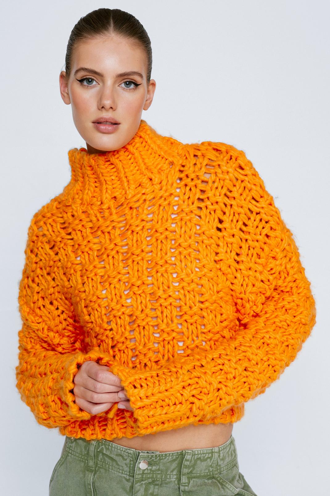 Orange Premium Cable Weave Stitch High Neck Sweater image number 1