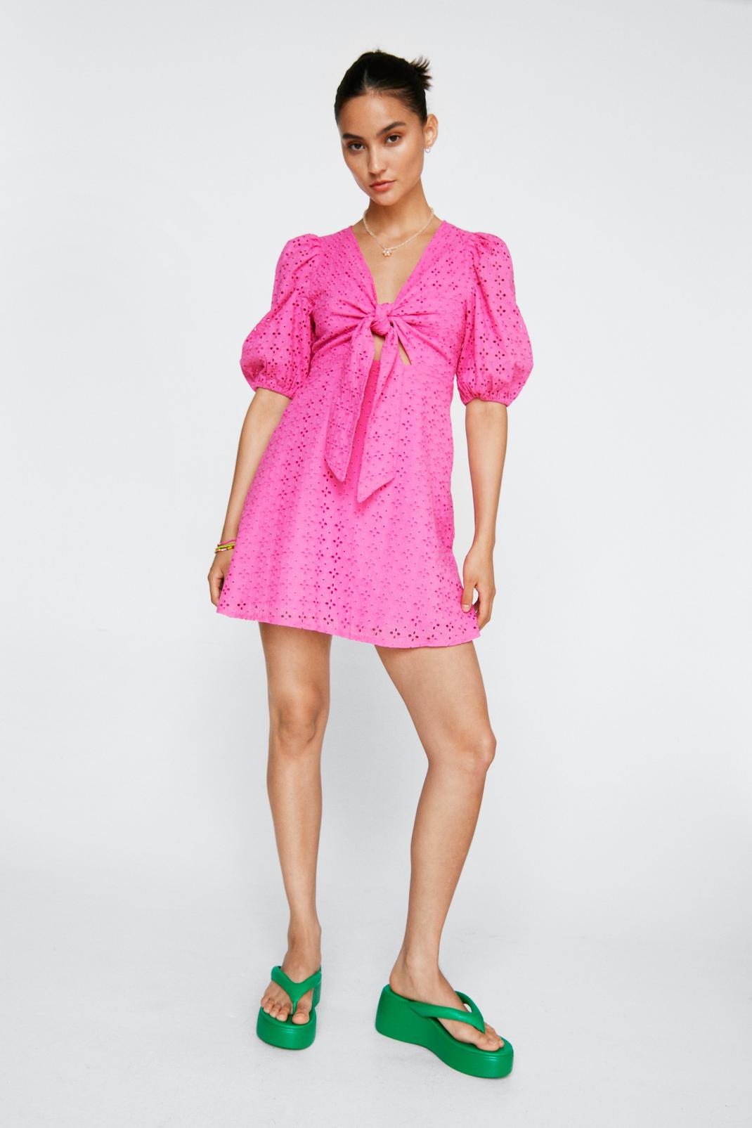 Hot pink Petite Broderie Anglaise Tie Front Mini Dress image number 1