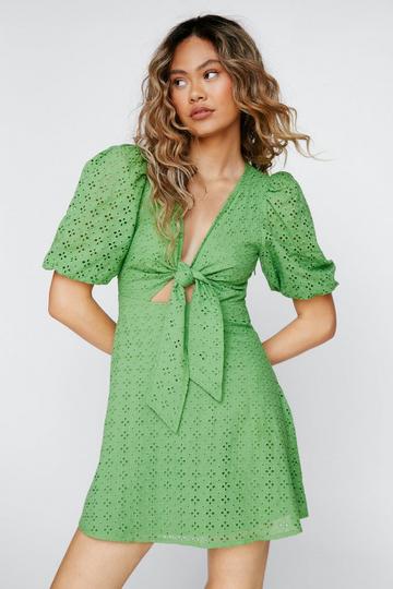 Broderie Anglaise Tie Front Mini Dress green