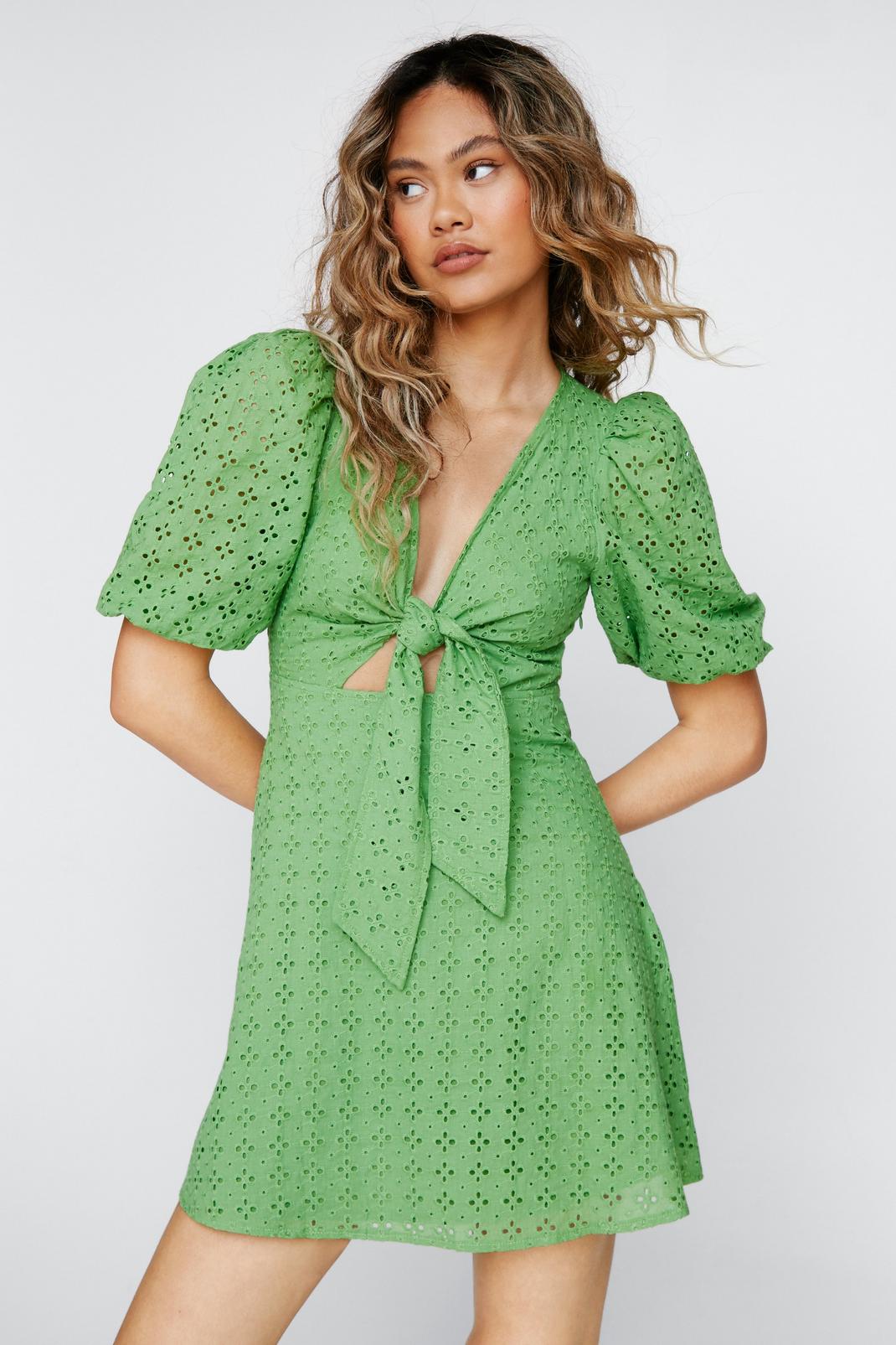 Green Broderie Anglaise Tie Front Mini Dress image number 1