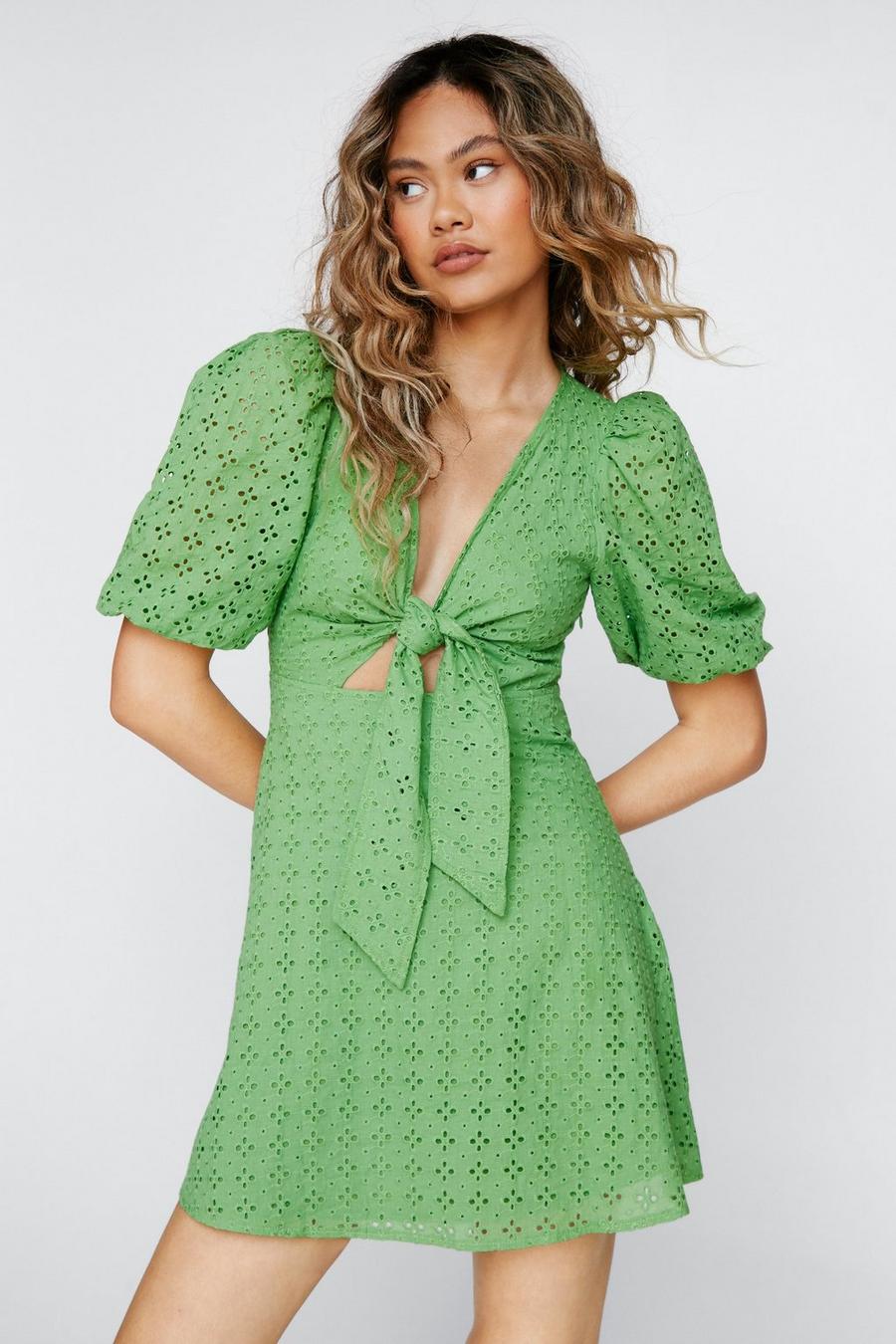 Broderie Anglaise Tie Front Mini Dress