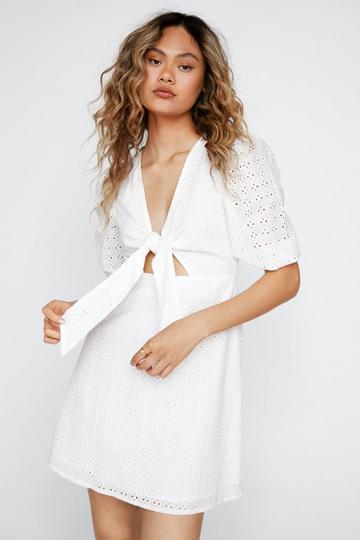 Broderie Anglaise Tie Front Mini Dress white