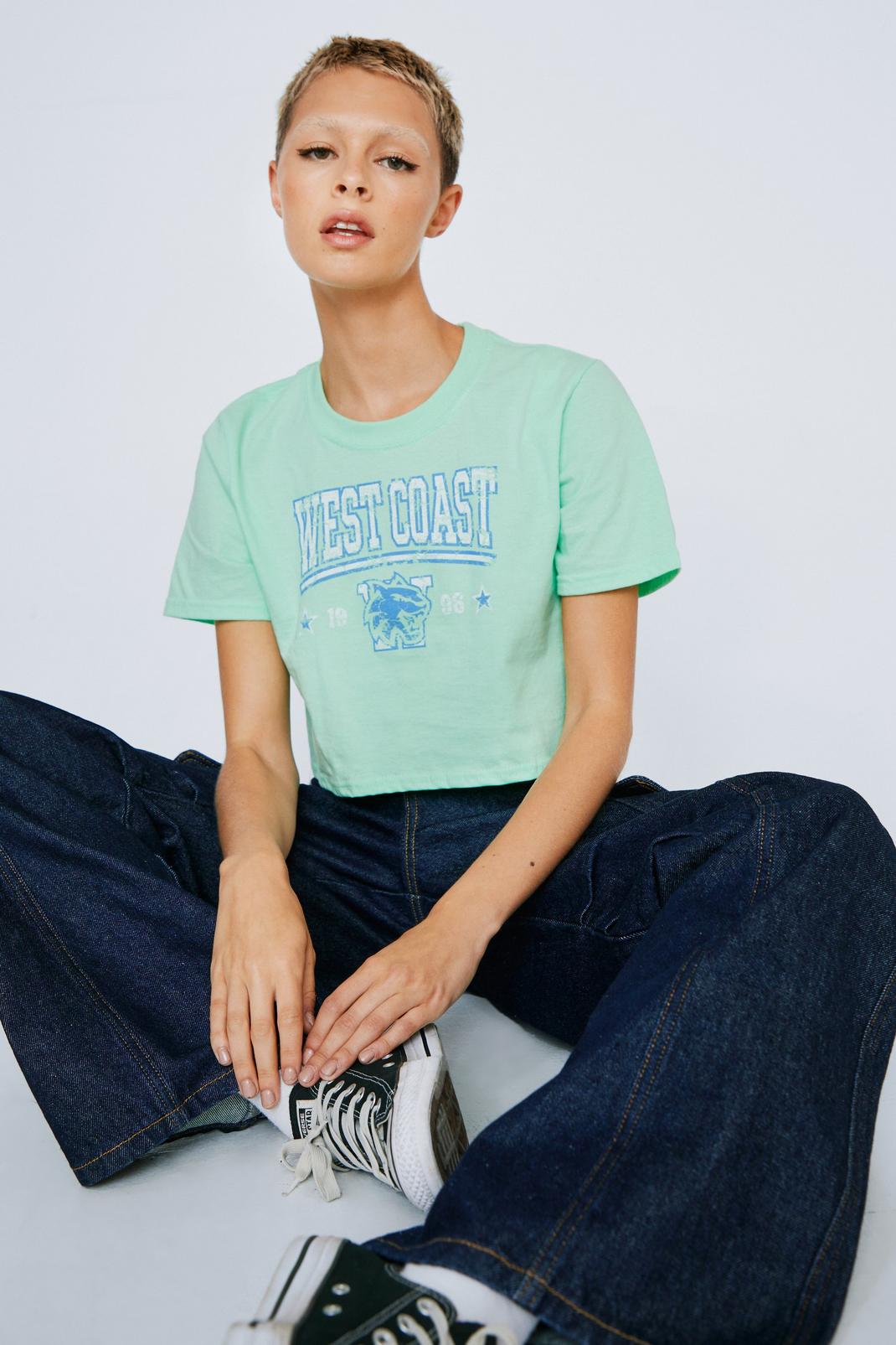Mint Varsity Graphic Cropped T-shirt  image number 1