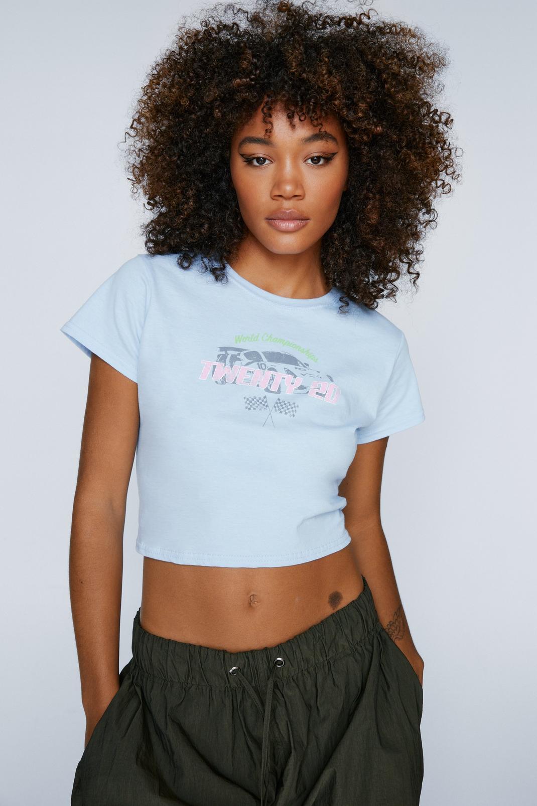 Baby blue Motocross Graphic Fitted Cropped T-Shirt image number 1