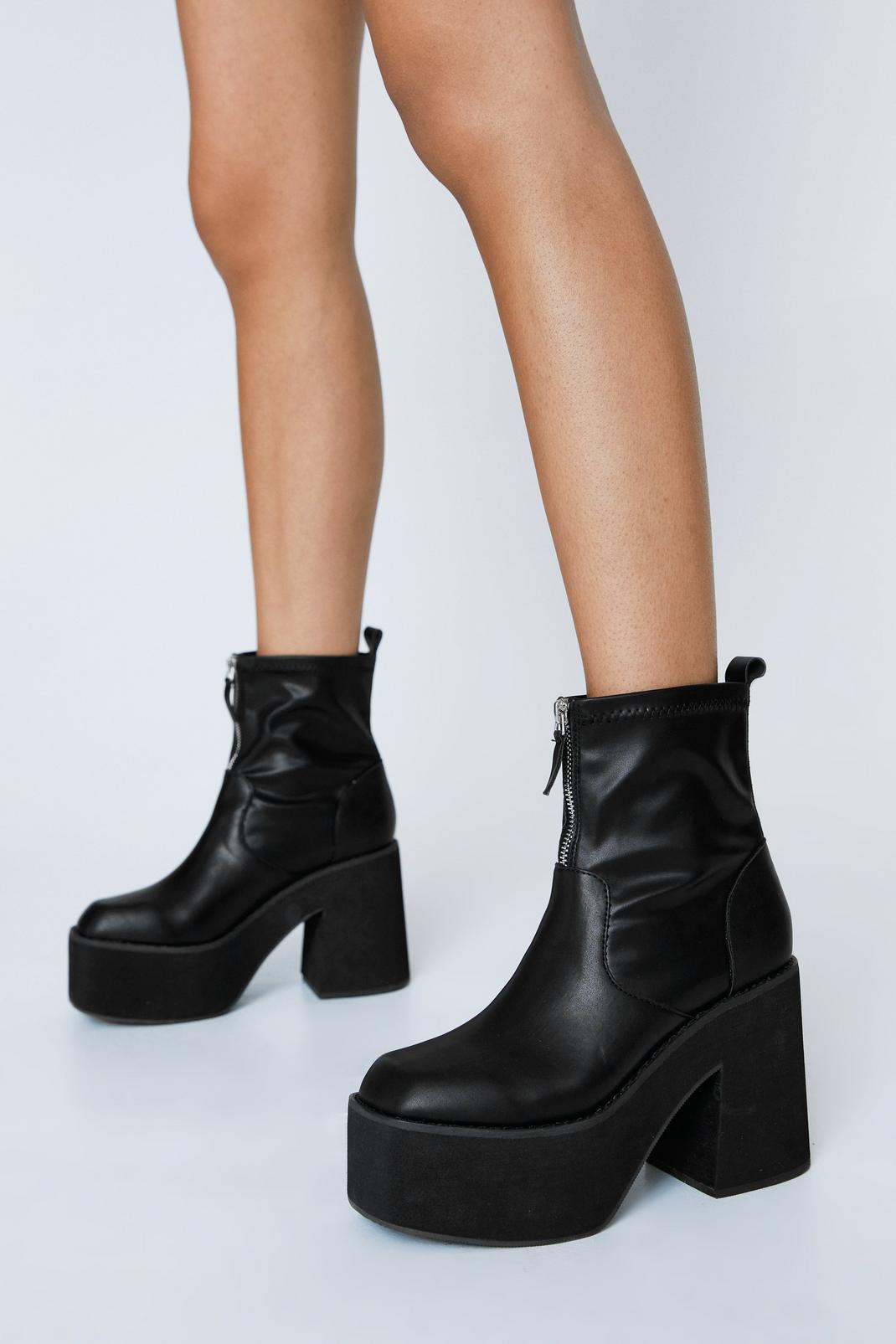 Black Faux Leather Zip Front Platform Ankle Boots image number 1