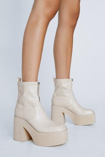 Faux Leather Zip Front Platform Ankle Boots off white