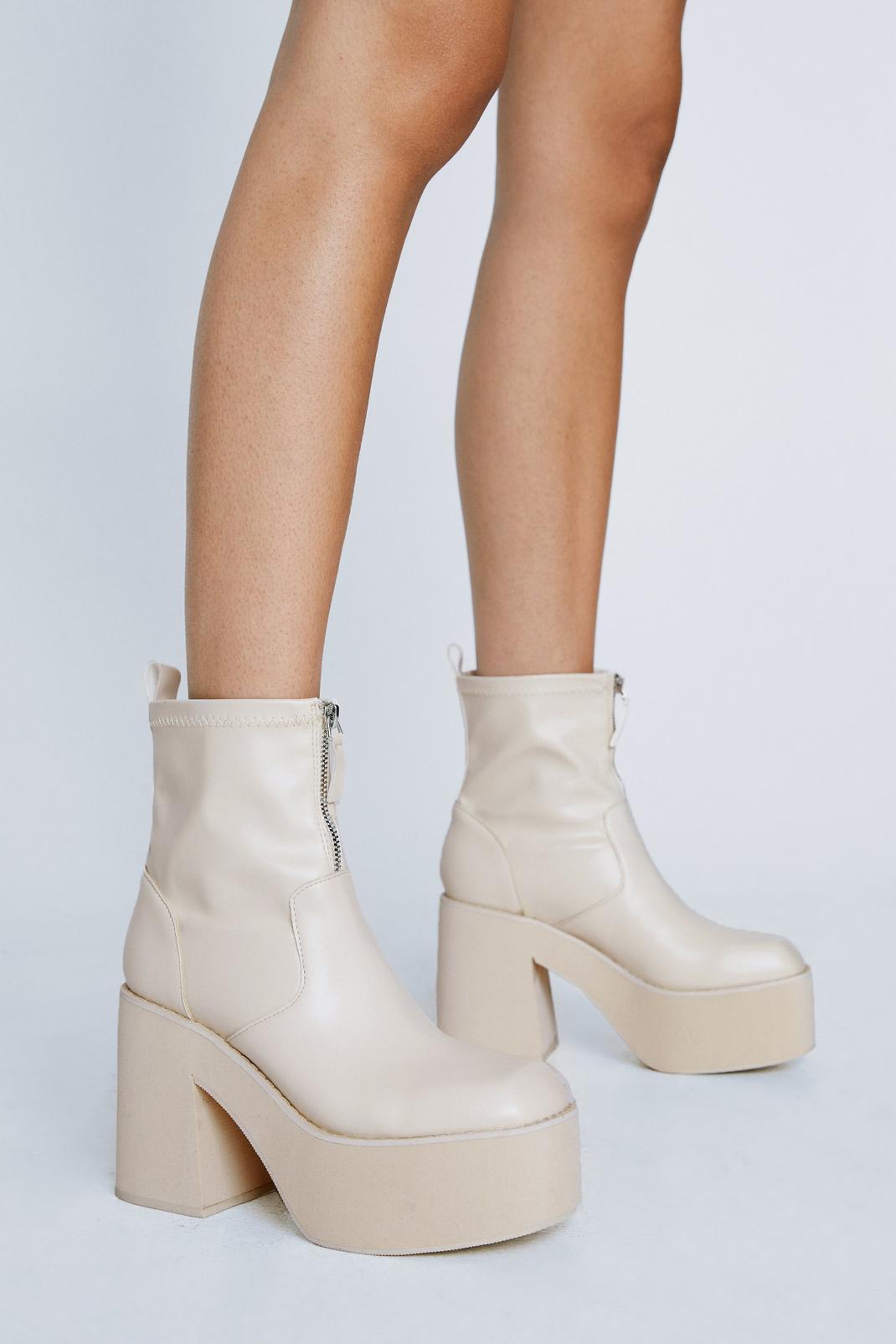 Off white Faux Leather Zip Front Platform Ankle Boots image number 1