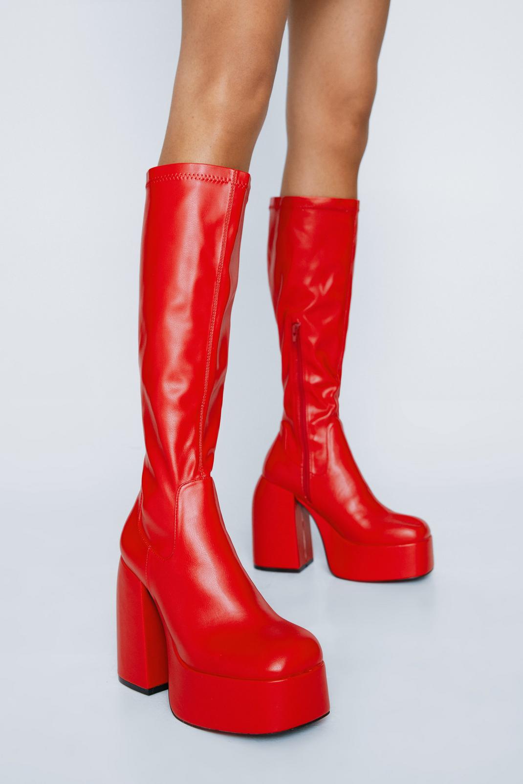 Red Faux Leather Knee High Platform Boots image number 1
