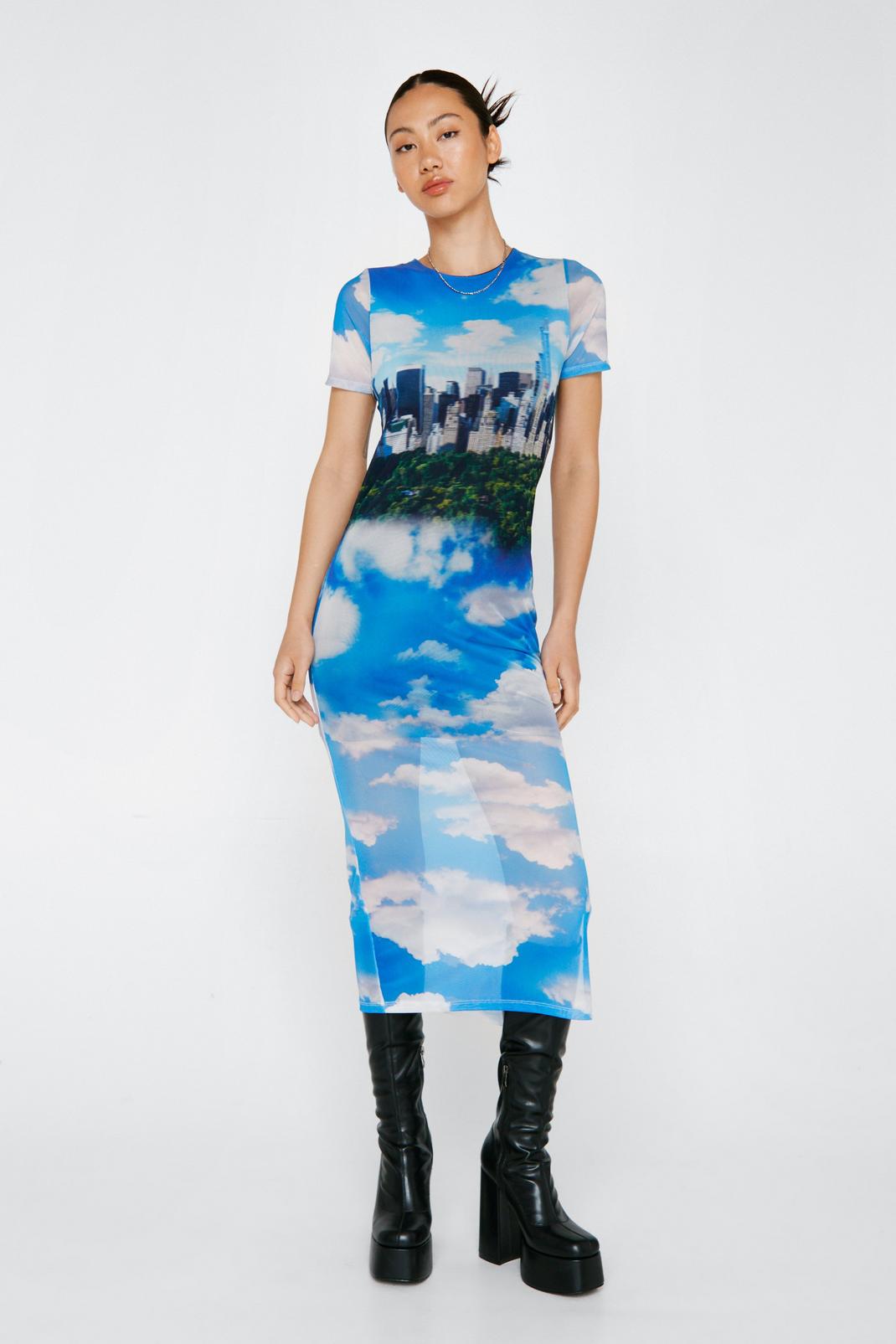 Blue City And Sky Print Mesh Midi Dress image number 1