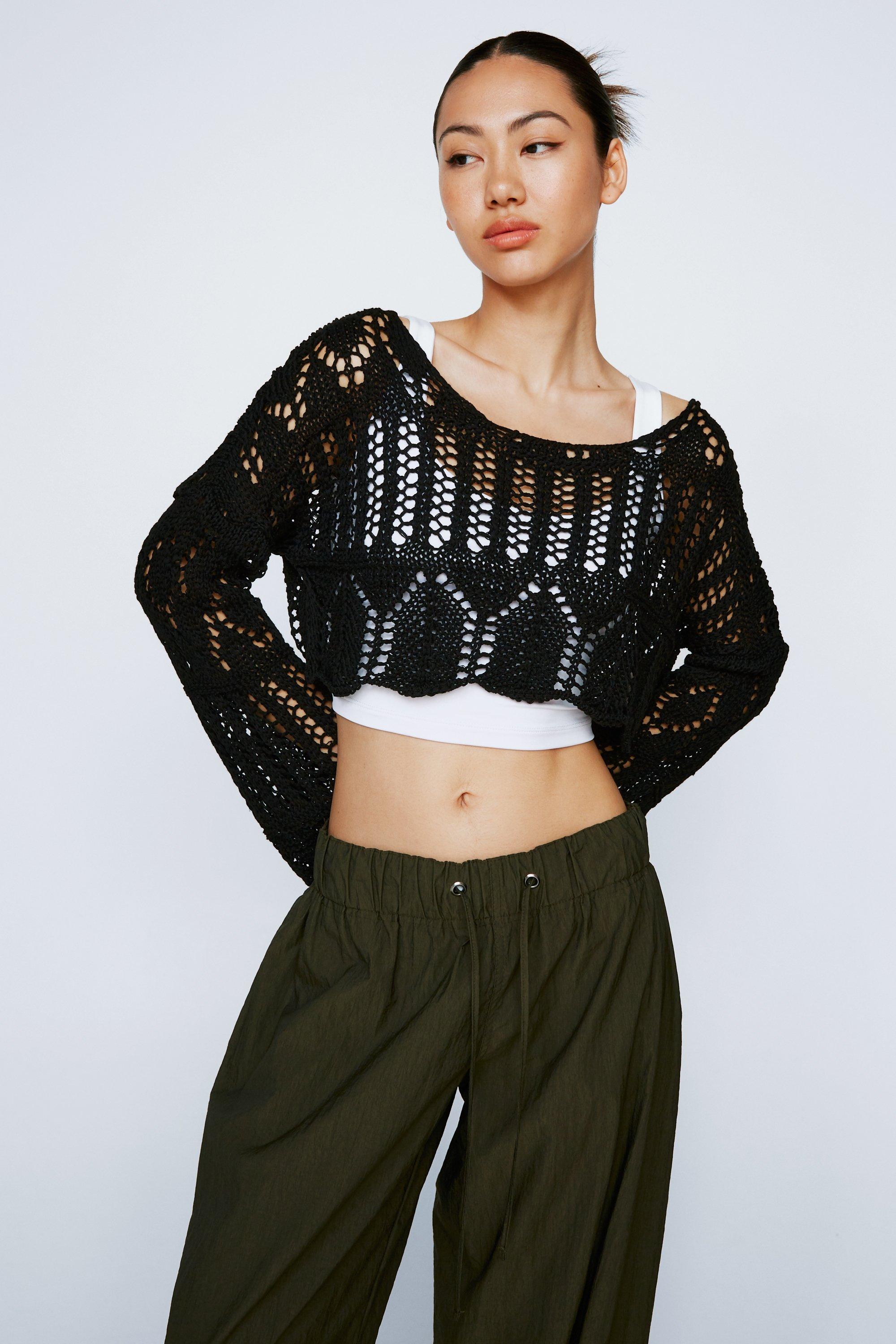 I Saw It First crochet crop top with fluted sleeves in stone