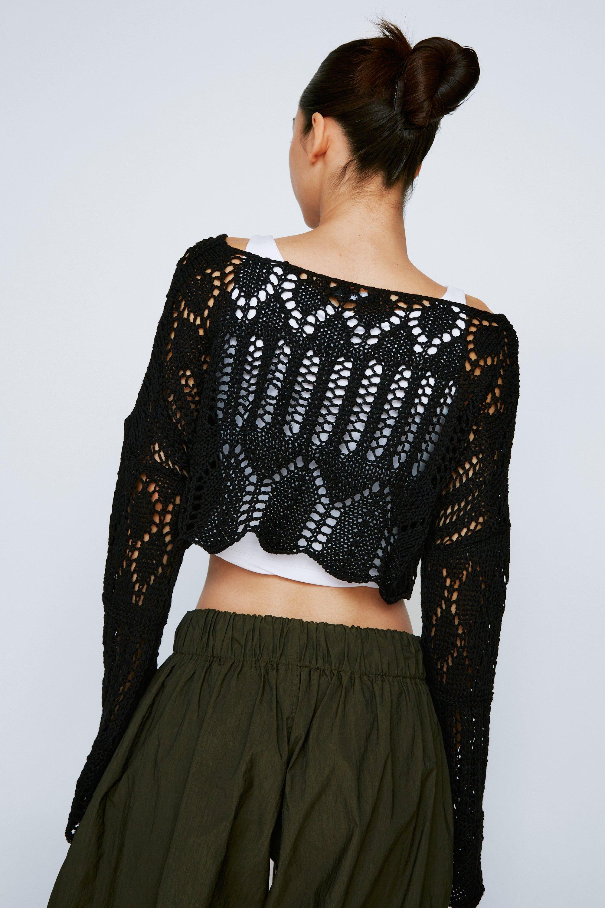 Black Crochet Long Sleeve Top