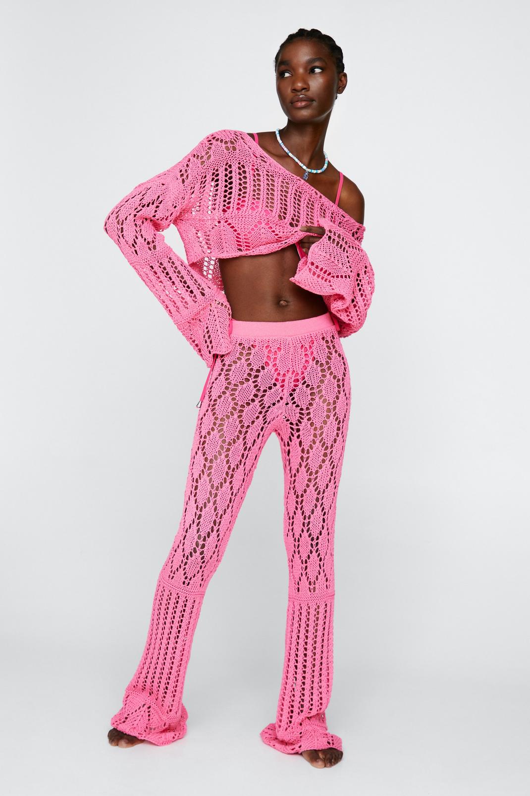 Pink Mixed Crochet High Waisted Flared Pants image number 1