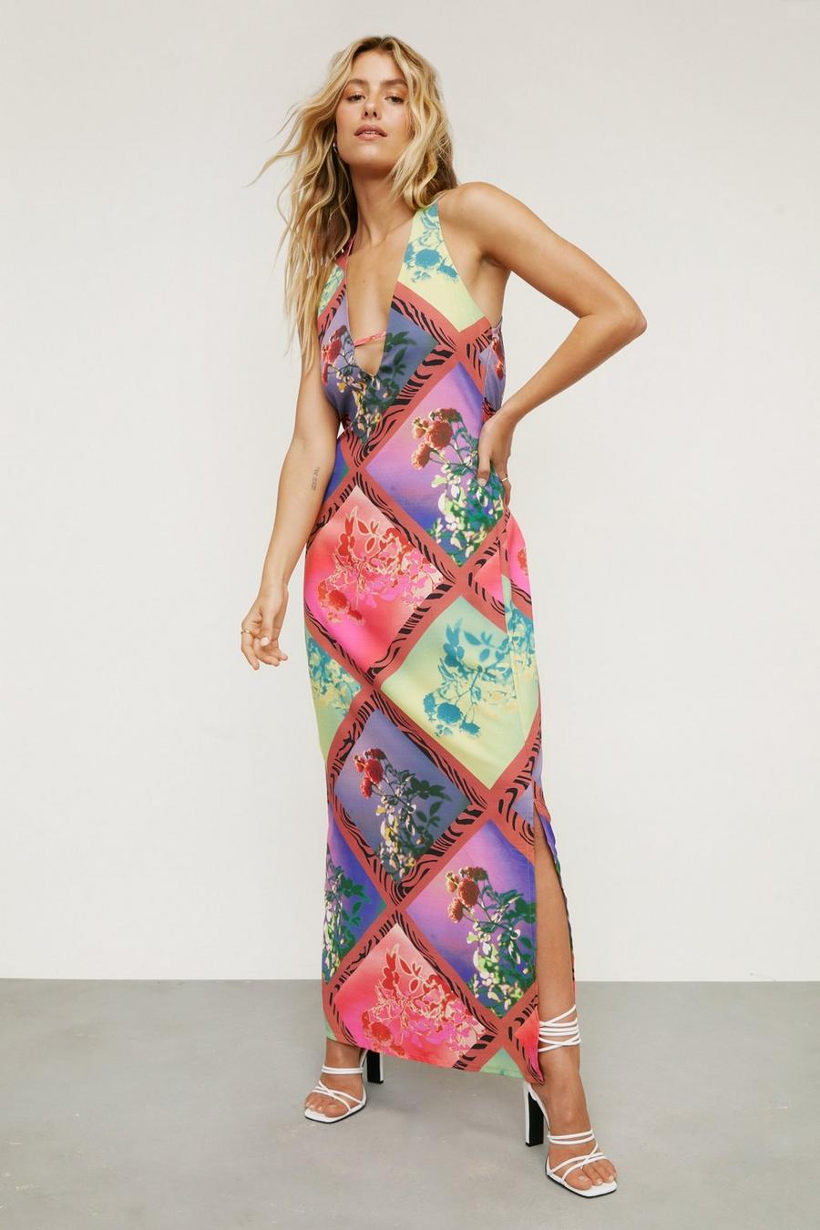 Robe longue col plongeant imprimé floral en patchwork