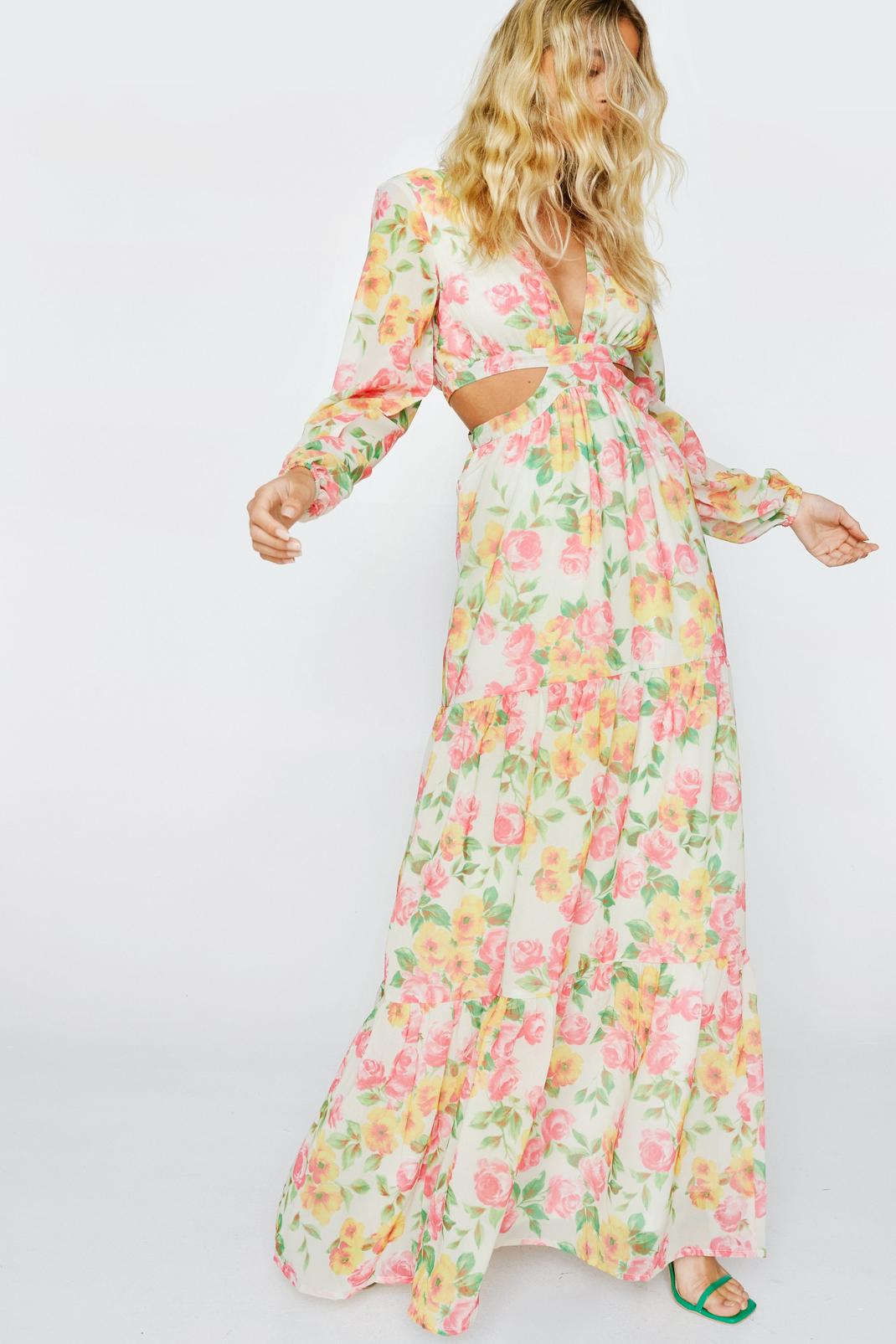 Ivory Floral Print Chiffon Cut Out Maxi Dress image number 1
