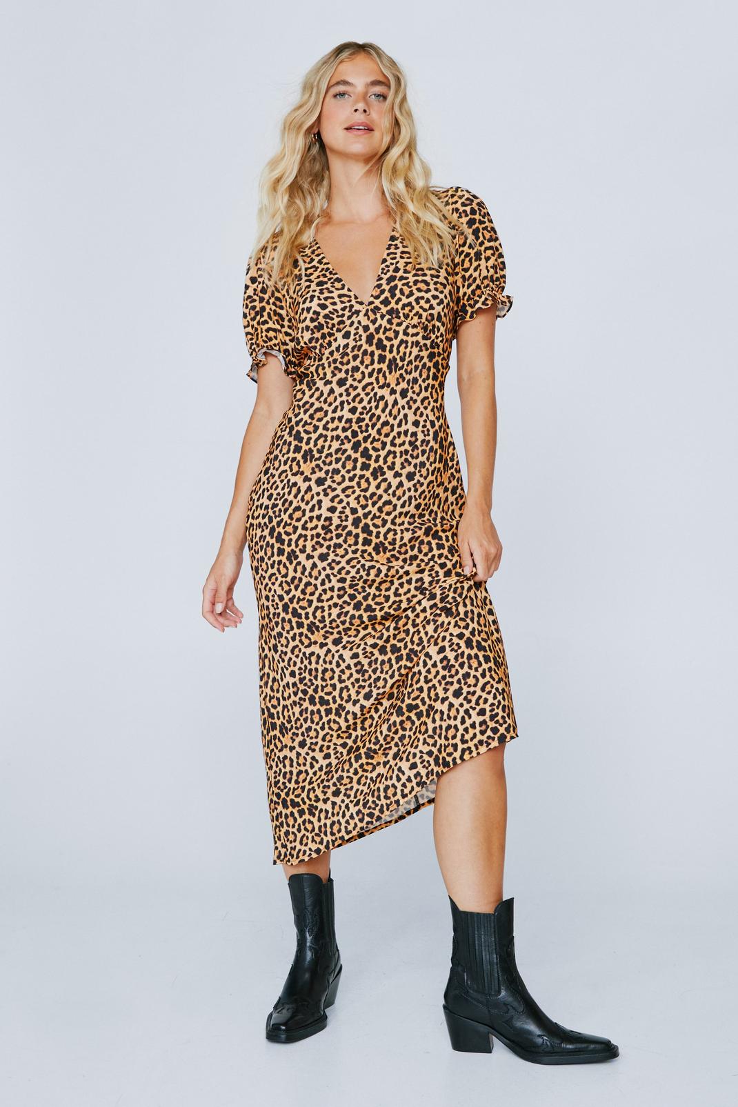 Robe mi-longue à col plongeant imprimé léopard, Brown image number 1