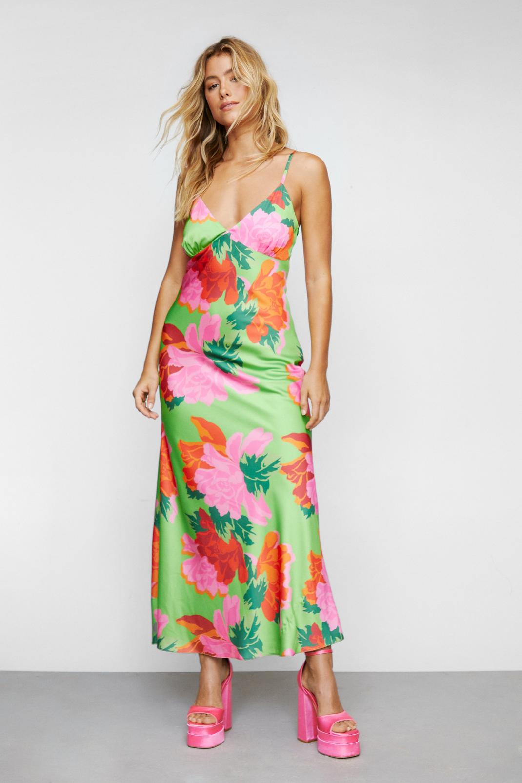 Green Bold Floral Print Satin Slip Maxi Dress image number 1