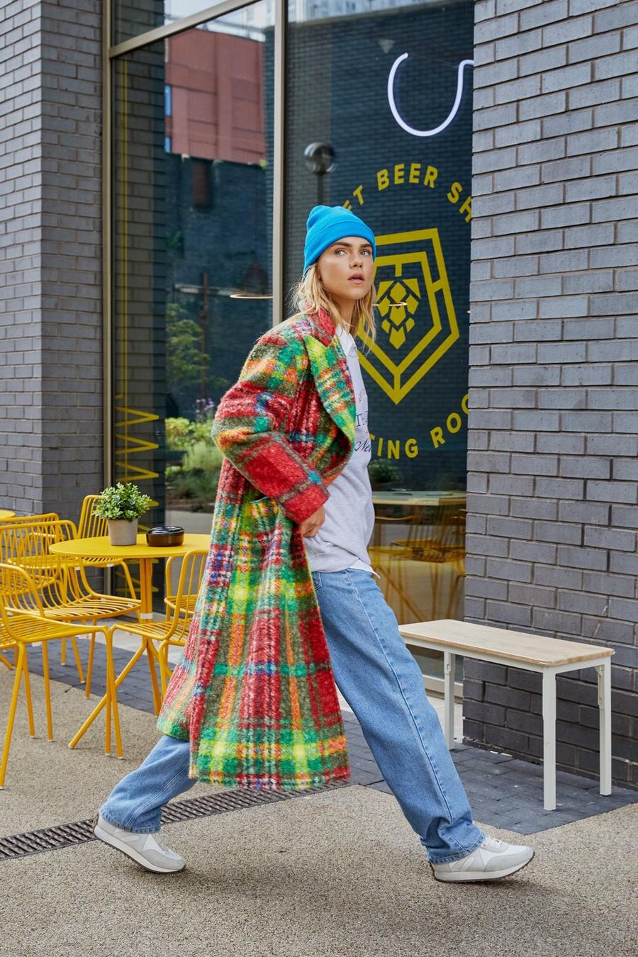 Bright Check Print Wool Blend Duster Coat