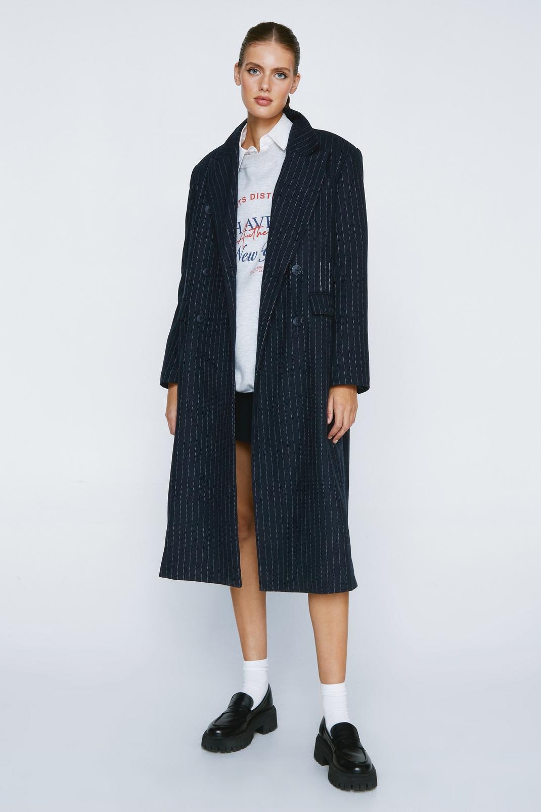 Navy Pinstripe Wool Blend Contrast Stitch Duster image number 1