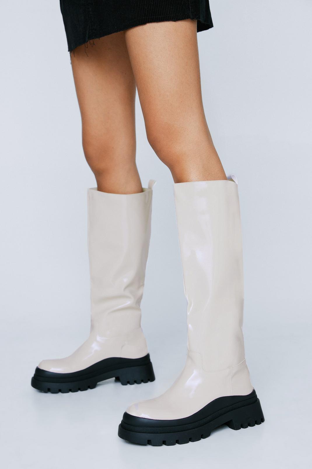 Beige Patent Chunky Knee High Boots image number 1