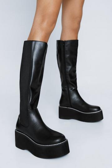 Black Faux Leather Wedge Knee High Chelsea Boots