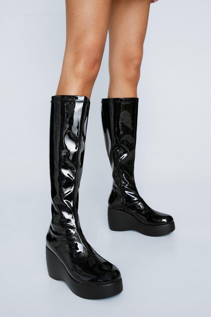 Patent Wedge Knee High Boot