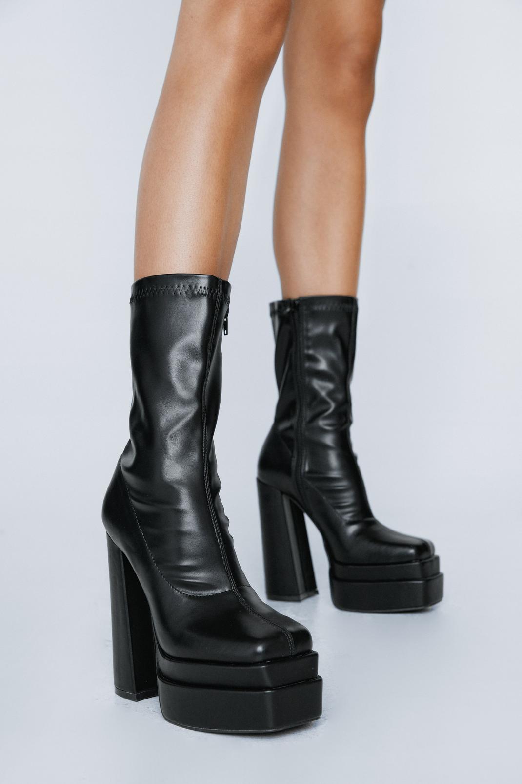 Black Faux Leather Platform Sock Boots image number 1