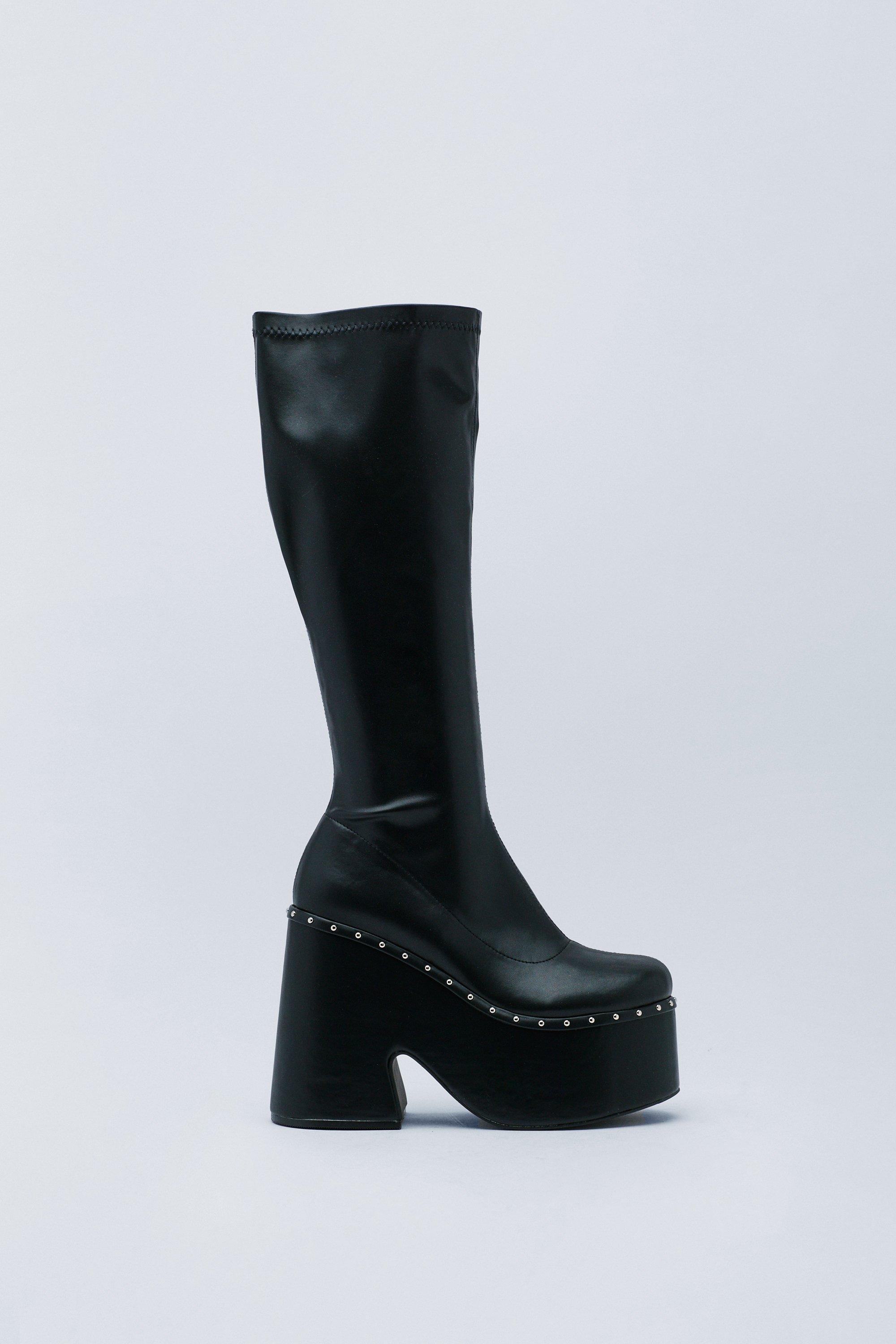 Faux Leather Platform Studded Knee High Boots