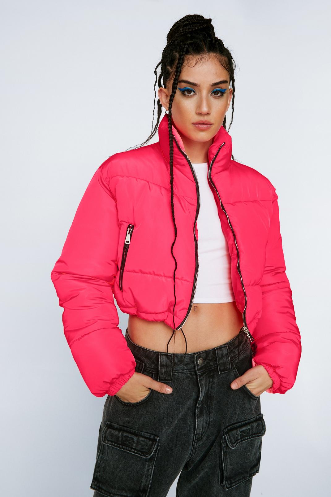Hot pink Cropped Puffer Zip Through Jacket image number 1