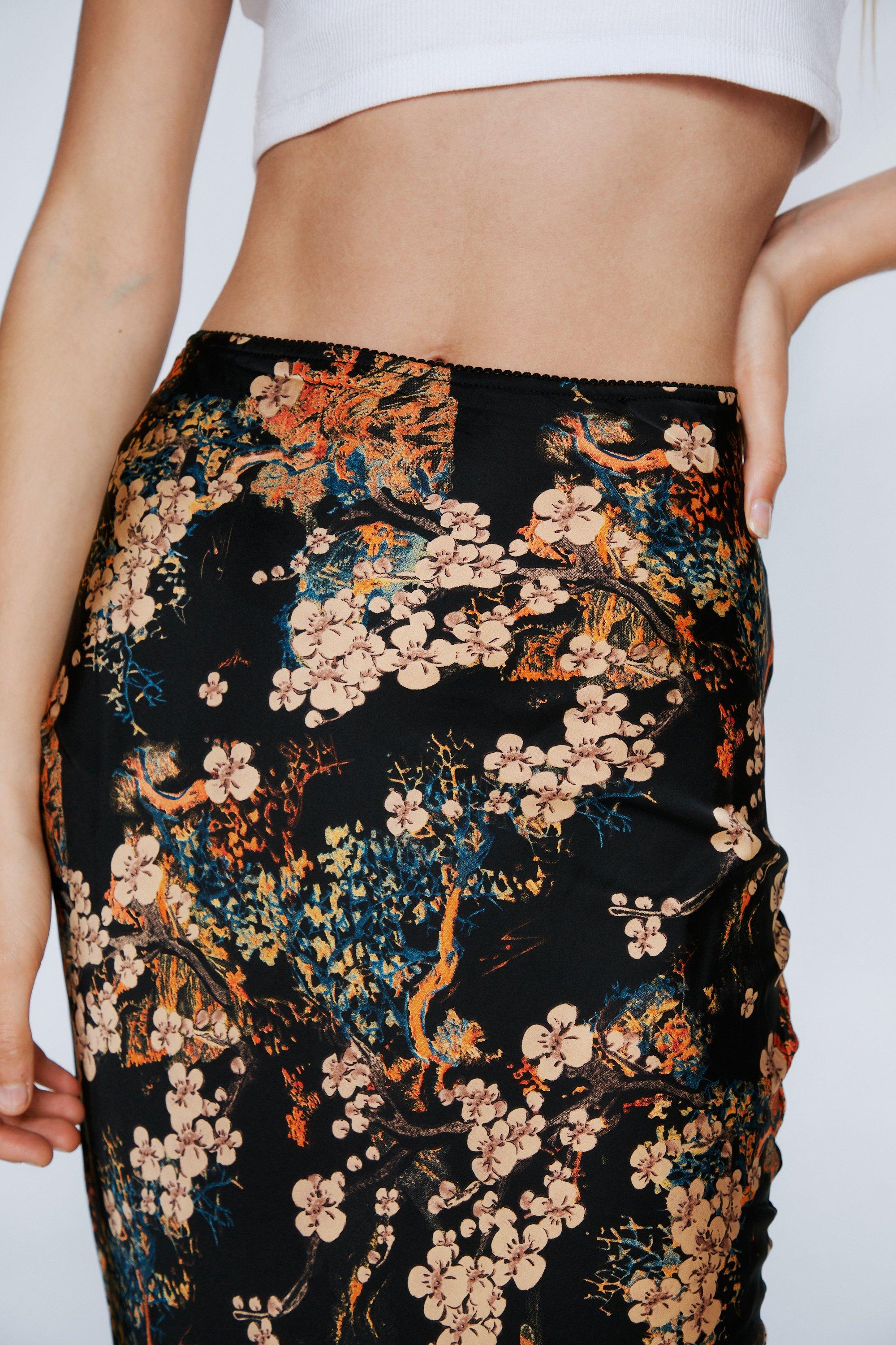 Floral Print Satin Bias Cut Maxi Skirt