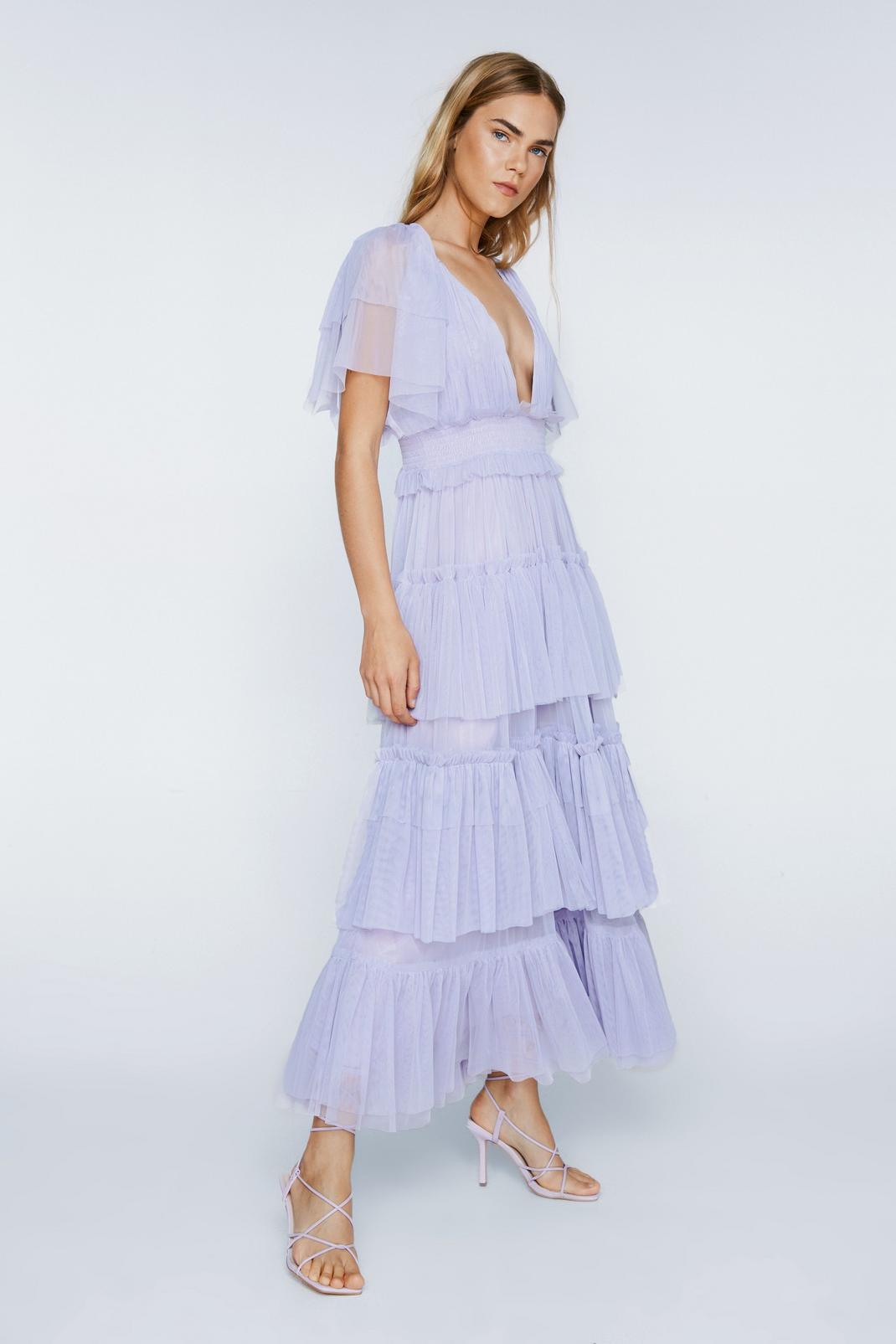 Lilac Tulle Tiered Plunge Maxi Dress  image number 1
