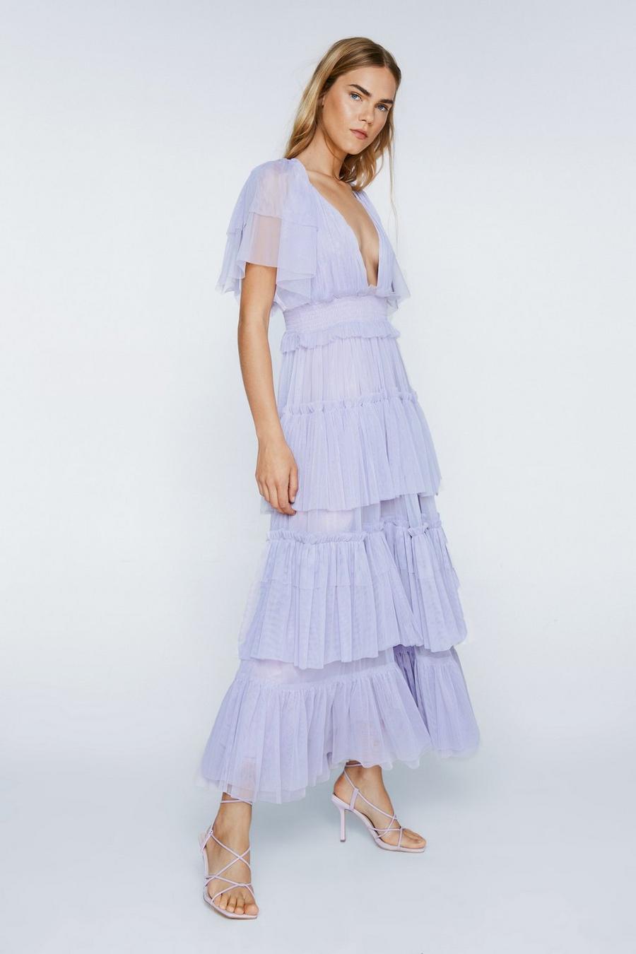 Tulle Tiered Plunge Maxi Dress