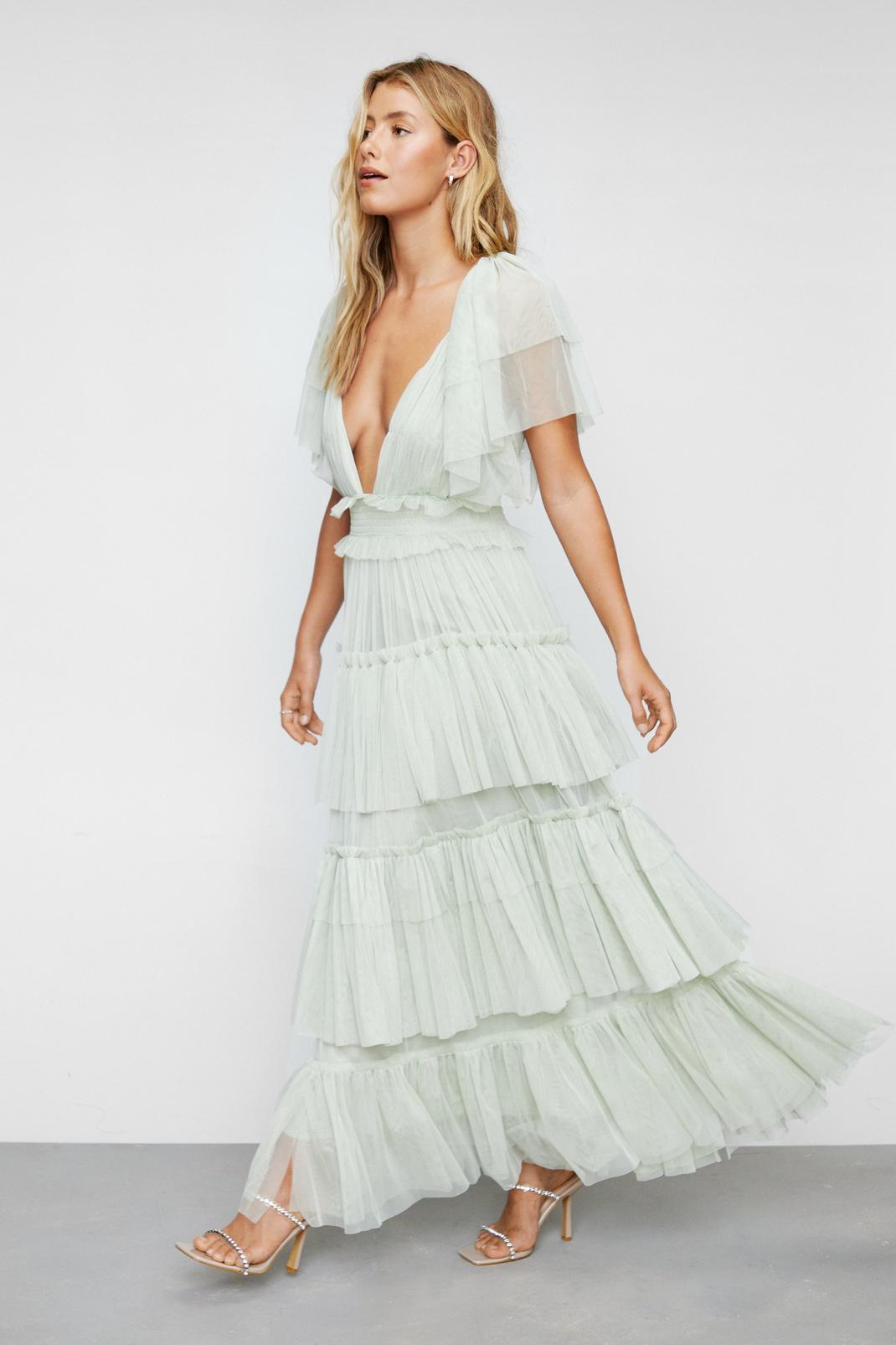 Sage Tulle Tiered Plunge Maxi Dress  image number 1