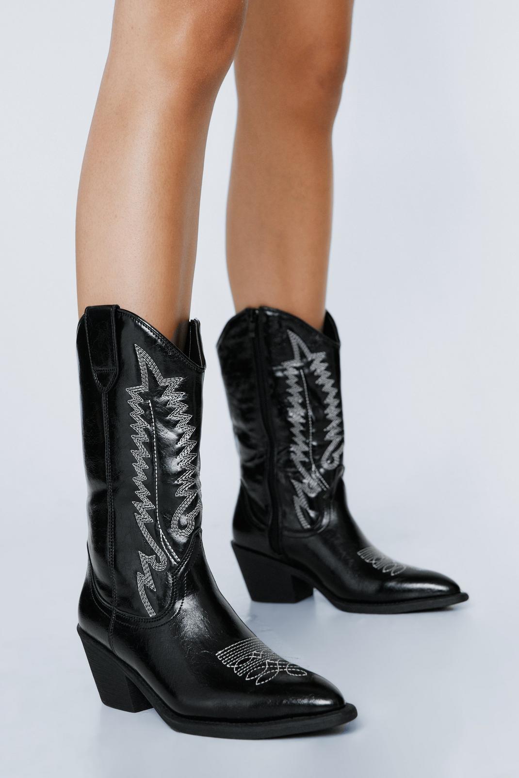 Black Faux Leather Stitch Detail Cowboy Boots image number 1