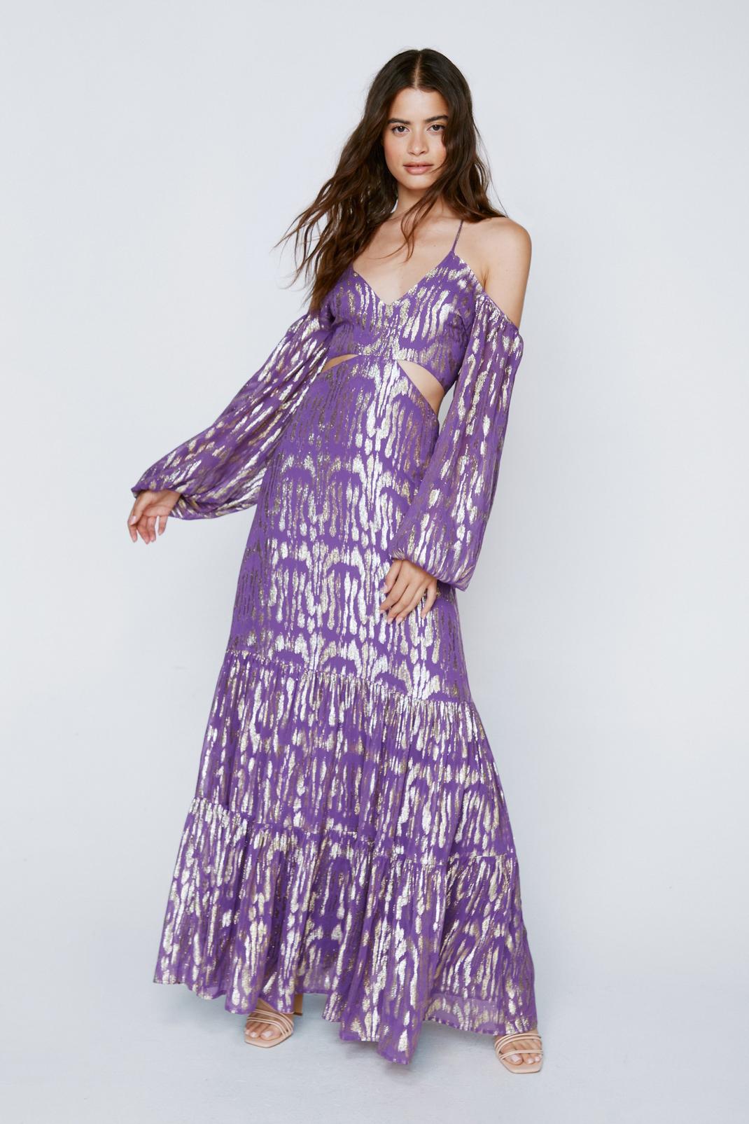 Purple Metallic Zebra Print Cut Out Maxi Dress image number 1