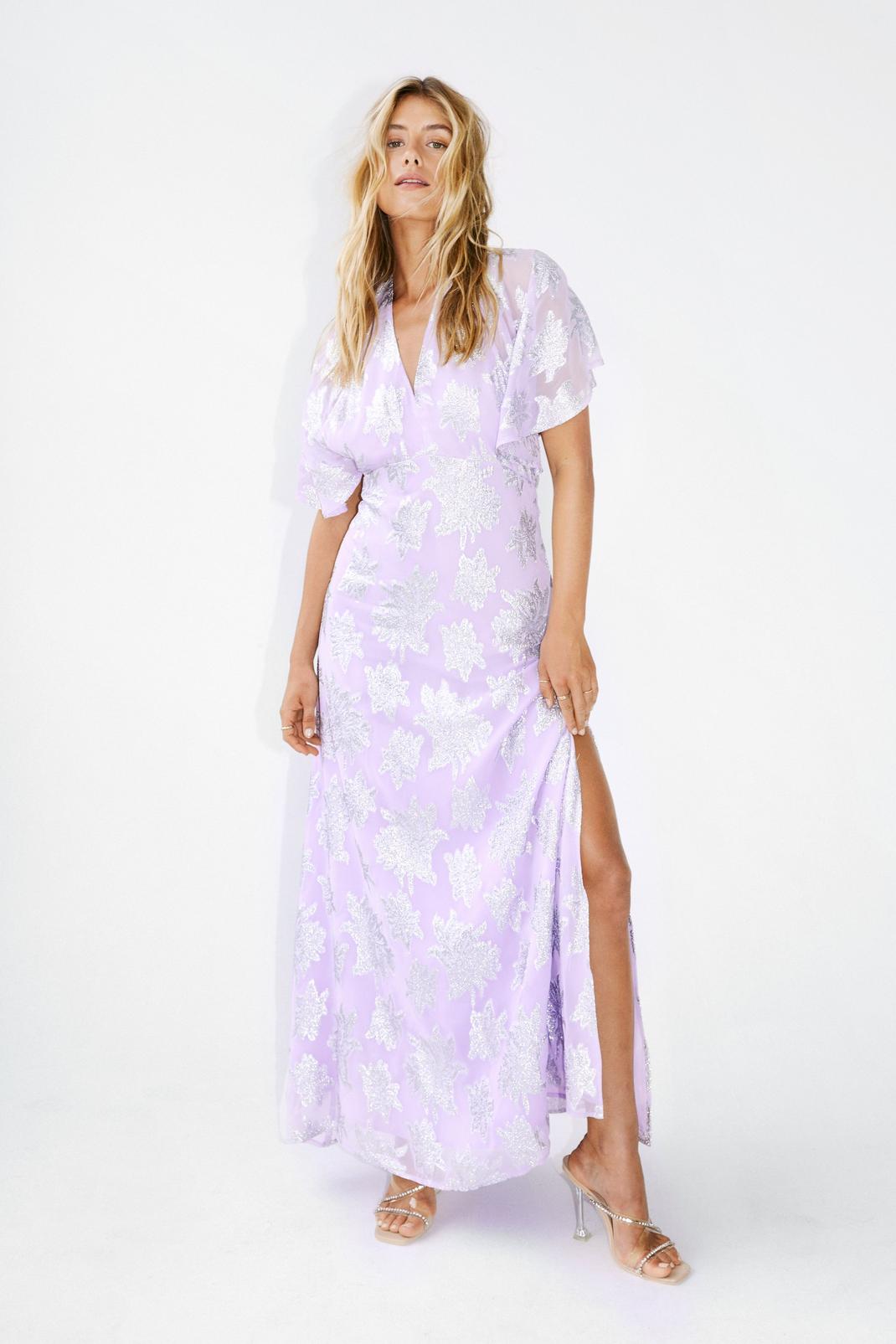 Lilac Metallic Angel Sleeve Open Back Maxi Dress image number 1