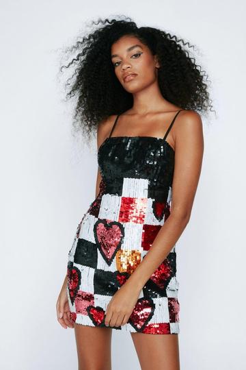 Black Heart Checkerboard Sequin Mini Dress