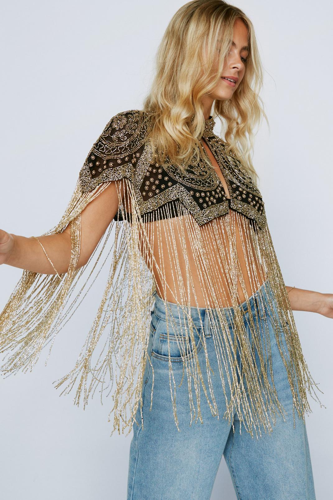 Gold Beaded Cape With Long Tassels image number 1
