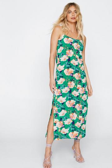 Green Floral Strappy Midi Slip Dress