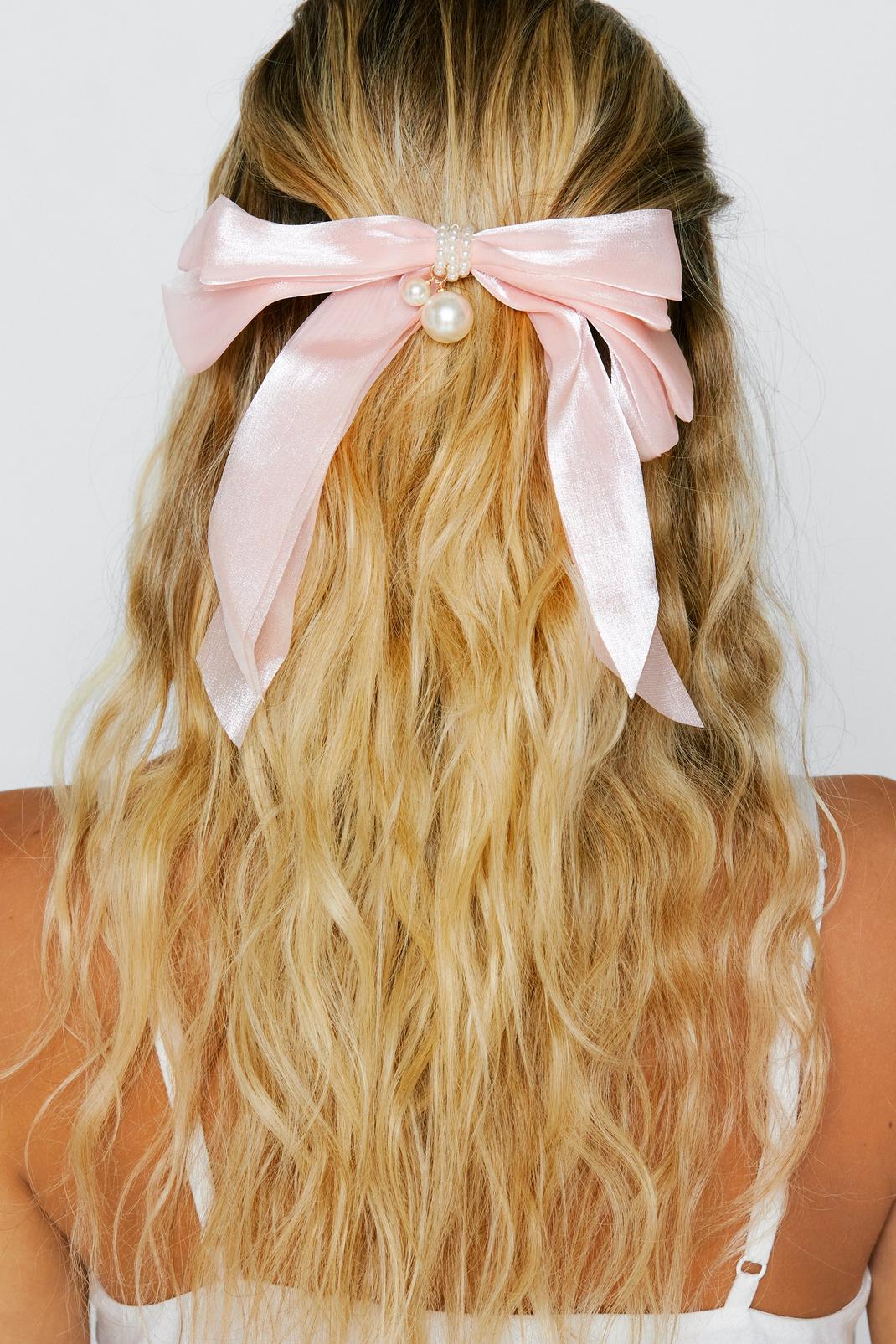 Pink Pearl Trim Bow Hair Clip image number 1