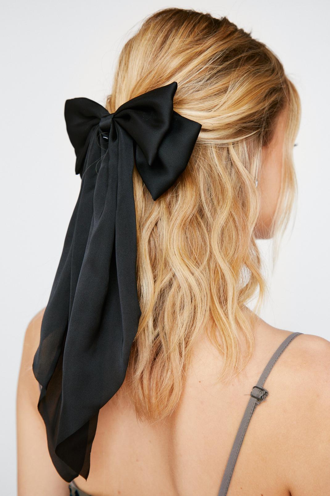 Black Long Satin Bow Hair Clip image number 1